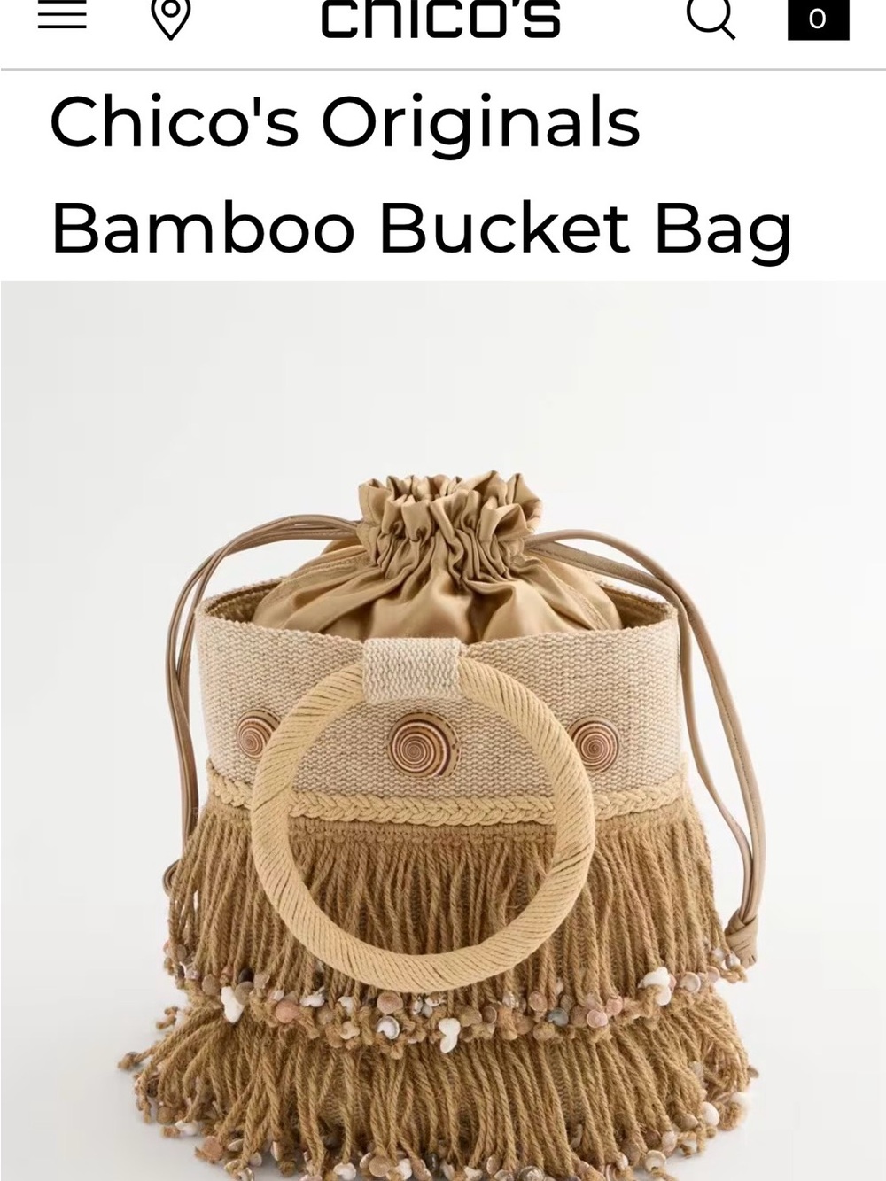 Chico’s Beige Bamboo Shell Trim Fringe Bucket Bag Brand New w/Tag Out o/Stock
